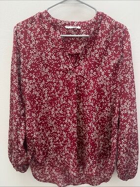 Lush Burgundy and White Ditsy-Print Long Sleeve Blouse